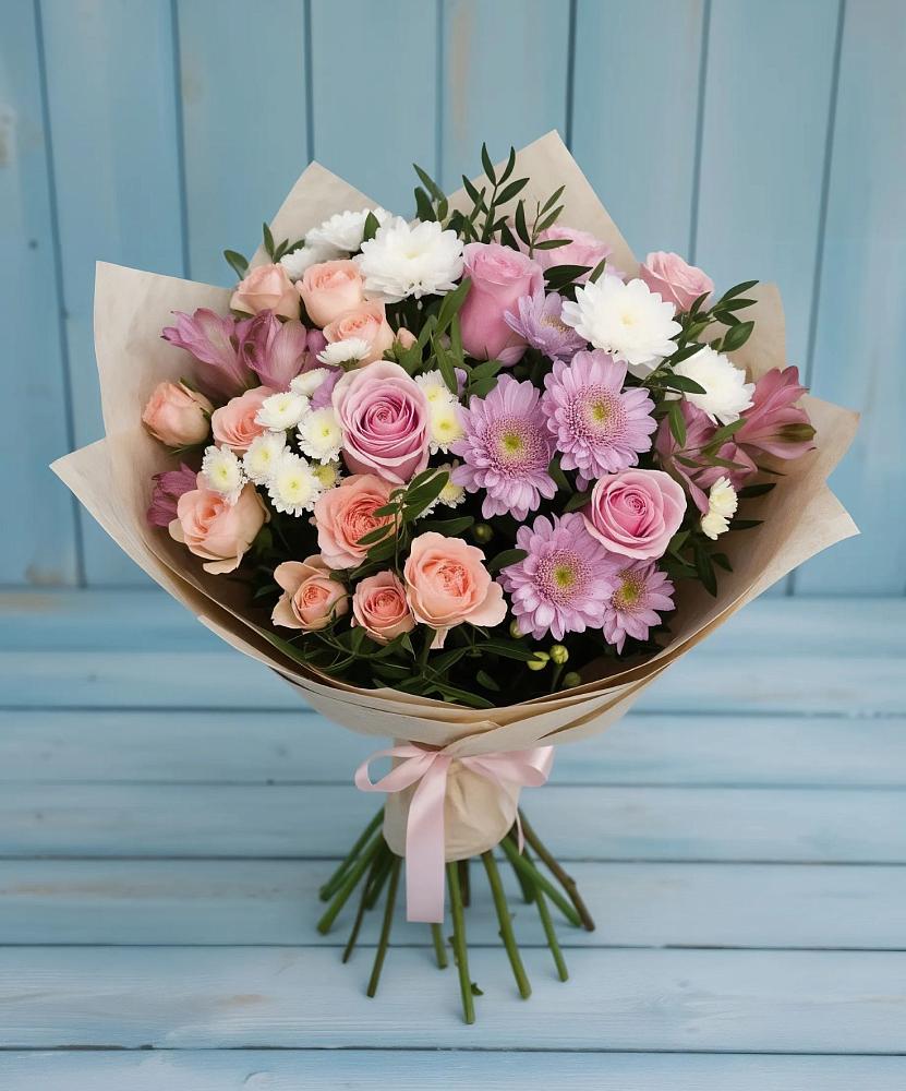 Букет цветов из: Хризантемы, Розы и Альстромерии в Барыше