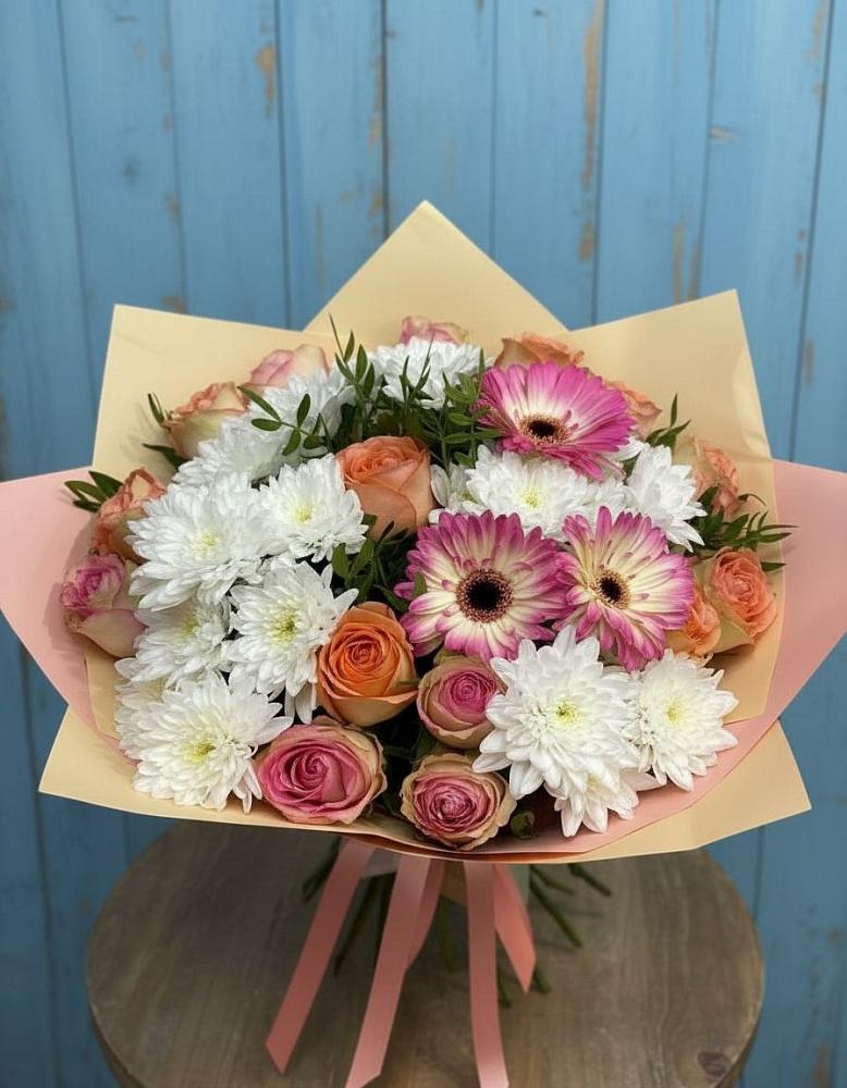 Букет цветов из: Розы, Герберы и Хризантемы в Барыше