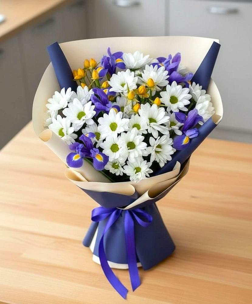 Букет цветов из: Розы, Ирисы и Хризантемы в Барыше