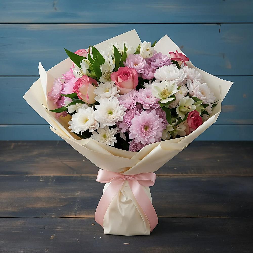 Букет цветов из: Хризантемы, Альстромерии и Розы в Барыше